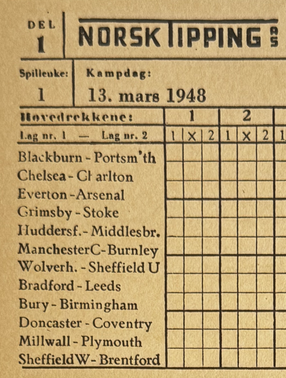 Den første tippekupongen fra 13. mars 1948